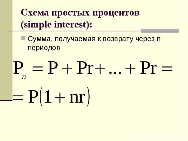 Схема простых процентов (simple interest): Сумма, получаемая к возврату через n периодов