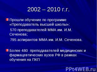 2002 – 2010 г.г. Прошли обучение по программе «Преподаватель высшей школы»: 570