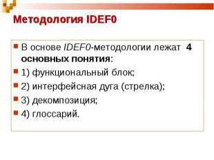 В основе IDEF0-методологии лежат 4 основных понятия: В основе IDEF0-методологии
