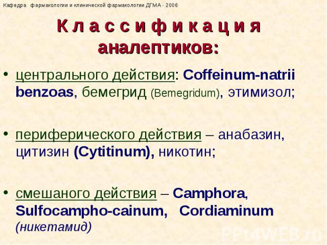 К л а с с и ф и к а ц и я аналептиков: центрального действия: Coffeinum-natrii benzoas, бемегрид (Bemegridum), этимизол; периферического действия – анабазин, цитизин (Cytitinum), никотин; смешаного действия – Camphora, Sulfocampho-cainum, Cordiaminu…