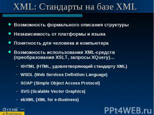 XML: Стандарты на базе XML Возможность формального описания структуры Независимо
