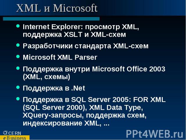 XML и Microsoft Internet Explorer: просмотр XML, поддержка XSLT и XML-схем Разработчики стандарта XML-cхем Microsoft XML Parser Поддержка внутри Microsoft Office 2003 (XML, схемы) Поддержка в .Net Поддержка в SQL Server 2005: FOR XML (SQL Server 200…