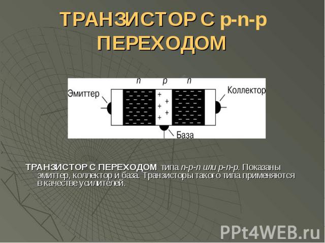 ТРАНЗИСТОР С p-n-p ПЕРЕХОДОМ ТРАНЗИСТОР С ПЕРЕХОДОМ типа n-p-n или p-n-p. Показаны эмиттер, коллектор и база. Транзисторы такого типа применяются в качестве усилителей.
