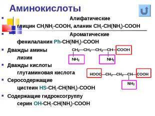 Алифатические Алифатические глицин CH2NH2-COOH, аланин CH3-CH(NH2)-COOH Ароматич
