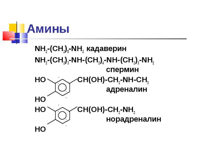 NH2-(CH2)5-NH2 кадаверин NH2-(CH2)5-NH2 кадаверин NH2-(CH2)3-NH-(CH2)4-NH-(CH2)3-NH2 спермин НО СН(ОН)-СН2-NH-CH3 адреналин НО НО СН(ОН)-СН2-NH2 норадреналин НО