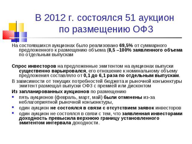 На состоявшихся аукционах было реализовано 69,5% от суммарного предложенного к размещению объема (8,5 –100% заявленного объема по отдельным выпускам На состоявшихся аукционах было реализовано 69,5% от суммарного предложенного к размещению объема (8,…