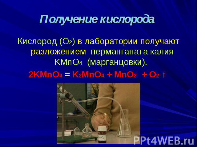Получение кислорода Кислород (O2) в лаборатории получают разложением перманганата калия KMnO4 (марганцовки). 2KMnO4 = K2MnO4 + MnO2 + O2 ↑