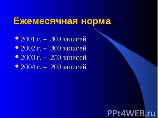 Ежемесячная норма 2001 г. – 300 записей 2002 г. – 300 записей 2003 г. – 250 запи