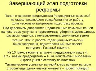 Завершающий этап подготовки реформы Панин в качестве председателя Редакционных к