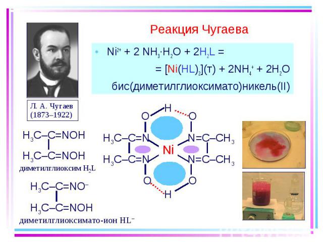 Ni2+ + 2 NH3·H2O + 2H2L = Ni2+ + 2 NH3·H2O + 2H2L = = [Ni(HL)2](т) + 2NH4+ + 2H2O бис(диметилглиоксимато)никель(II)