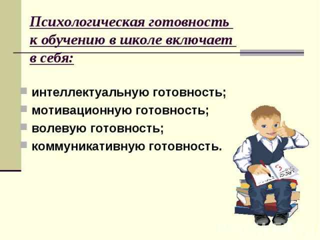 Психологическая готовность к обучению в школе включает в себя: интеллектуальную готовность; мотивационную готовность; волевую готовность; коммуникативную готовность.