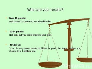 What are your results? Over 15 points: Well done! You seem to eat a healthy diet