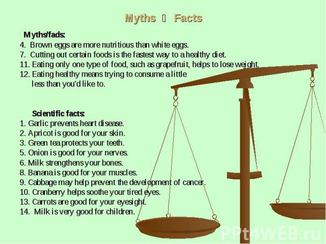 Myths Facts Myths/fads: 4. Brown eggs are more nutritious than white eggs. 7. Cutting out certain foods is the fastest way to a healthy diet. 11. Eating only one type of food, such as grapefruit, helps to lose weight. 12. Eating healthy means trying…