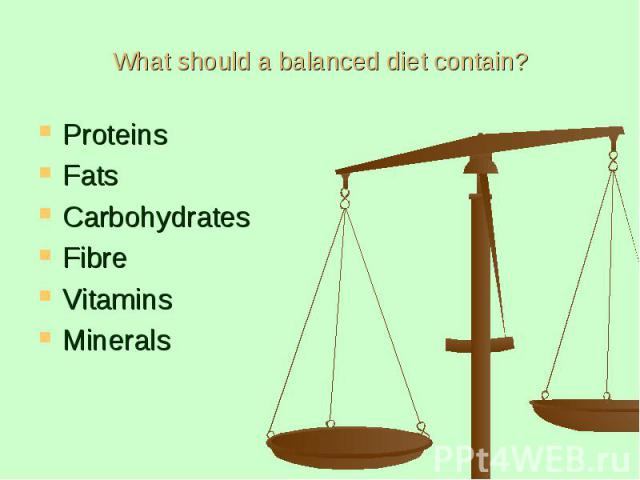 What should a balanced diet contain? Proteins Fats Carbohydrates Fibre Vitamins Minerals