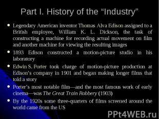 Part I. History of the “Industry” Legendary American inventor Thomas Alva Edison
