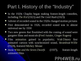 Part I. History of the “Industry” In the 1920s Chaplin began making feature-leng