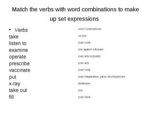 Match the verbs with word combinations to make up set expressions Verbs take lis