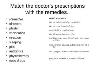 Match the doctor’s prescriptions with the remedies. Remedies ointment plaster va