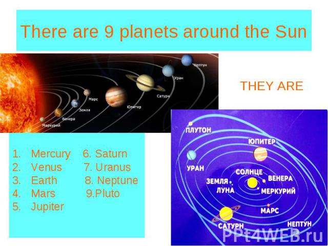 There are 9 planets around the Sun Mercury 6. Saturn Venus 7. Uranus Earth 8. Neptune Mars 9.Pluto Jupiter