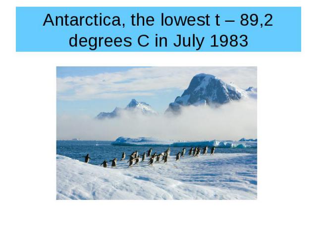 Antarctica, the lowest t – 89,2 degrees C in July 1983