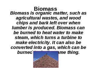 Biomass is organic matter, such as agricultural wastes, and wood chips and bark