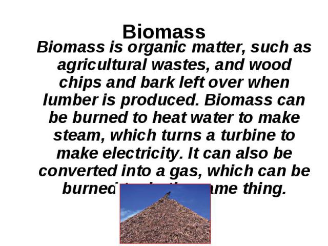 Biomass is organic matter, such as agricultural wastes, and wood chips and bark left over when lumber is produced. Biomass can be burned to heat water to make steam, which turns a turbine to make electricity. It can also be converted into a gas, whi…