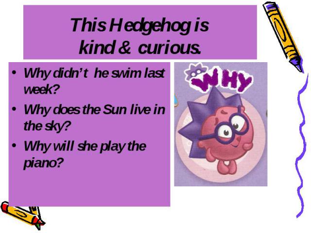 This Hedgehog is kind & curious. Why didn’t he swim last week? Why does the Sun live in the sky? Why will she play the piano?