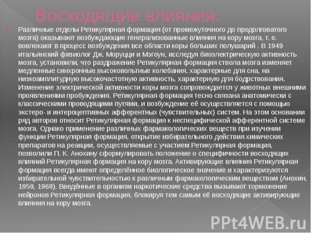 Восходящие влияния. Различные отделы Ретикулярная формация (от промежуточного до продолговатого мозга) оказывают возбуждающие генерализованные влияния на кору мозга, т. е. вовлекают в процесс возбуждения все области коры больших полушарий . В 1949 и…