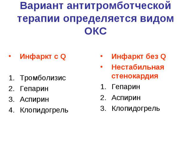 Вариант антитромботческой терапии определяется видом ОКС Инфаркт с Q Тромболизис Гепарин Аспирин Клопидогрель