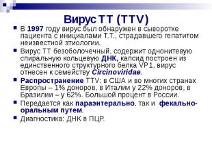 Bирус TT (TTV) В 1997 году вирус был обнаружен в сыворотке пациента с инициалами