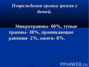 Микротравмы- 60%, тупые травмы- 30%, проникающие ранения- 2%, ожоги- 8%.