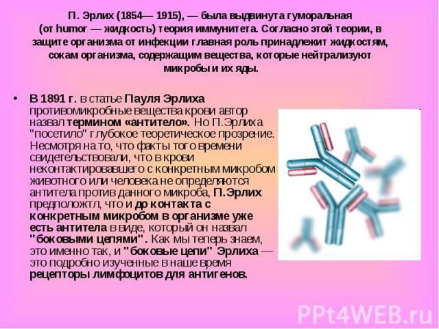 В 1891 г. в статье Пауля Эрлиха противомикробные вещества крови автор назвал термином «антитело». Но П.Эрлиха "посетило" глубокое теоретическое прозрение. Несмотря на то, что факты того времени свидетельствовали, что в крови неконтактирова…