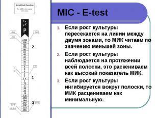 MIC - E-test Если рост культуры пересекается на линии между двумя зонами, то МИК