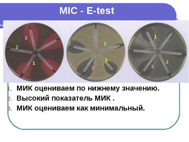 MIC - E-test МИК оцениваем по нижнему значению. Высокий показатель МИК . МИК оцениваем как минимальный.