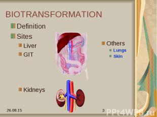 BIOTRANSFORMATION Definition Sites Liver GIT Kidneys