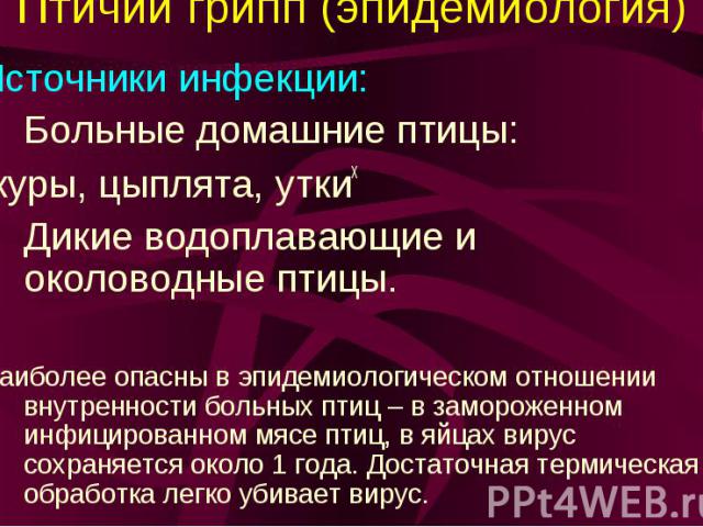 Птичий грипп (эпидемиология) Источники инфекции: Больные домашние птицы: -куры, цыплята, уткиx Дикие водоплавающие и околоводные птицы. Xнаиболее опасны в эпидемиологическом отношении внутренности больных птиц – в замороженном инфицированном мясе пт…