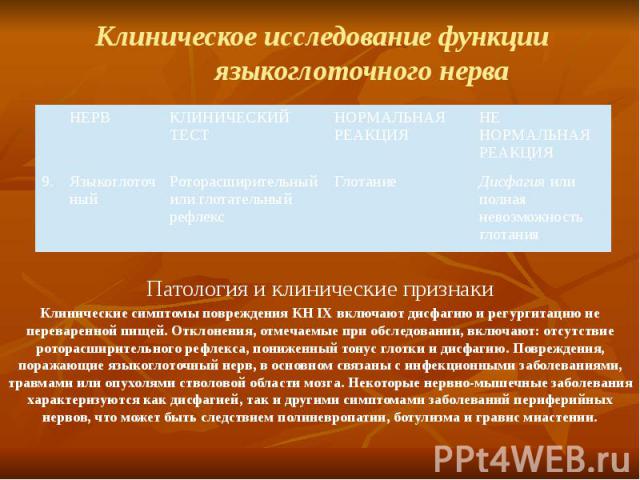 Клиническое исследование функции языкоглоточного нерва Патология и клинические признаки Клинические симптомы повреждения КН IX включают дисфагию и регургитацию не переваренной пищей. Отклонения, отмечаемые при обследовании, включают: отсутствие рото…