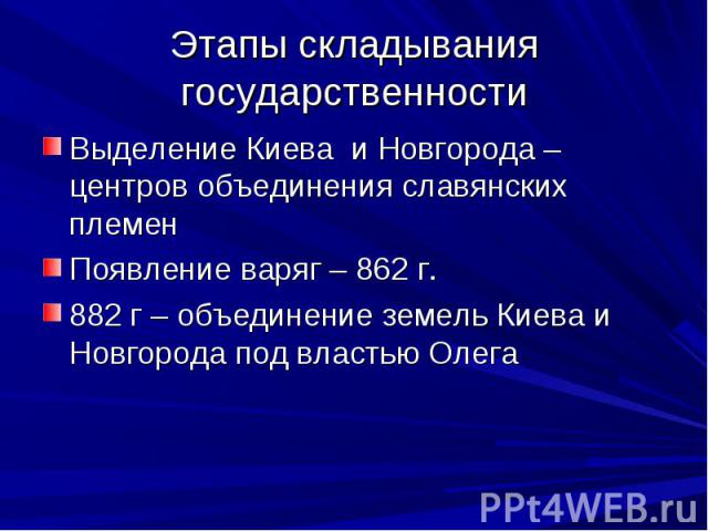 Этапы складывания государственности Выделение Киева и Новгорода – центров объединения славянских племен Появление варяг – 862 г. 882 г – объединение земель Киева и Новгорода под властью Олега