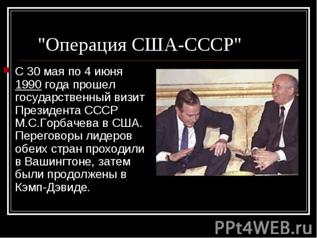 С 30 мая по 4 июня 1990 года прошел государственный визит Президента СССР М.С.Горбачева в США. Переговоры лидеров обеих стран проходили в Вашингтоне, затем были продолжены в Кэмп-Дэвиде. С 30 мая по 4 июня 1990 года прошел государственный визит През…