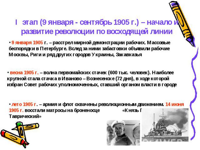 I этап (9 января - сентябрь 1905 г.) – начало и развитие революции по восходящей линии