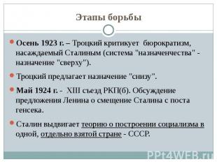Этапы борьбы Осень 1923 г. – Троцкий критикует бюрократизм, насаждаемый Сталиным