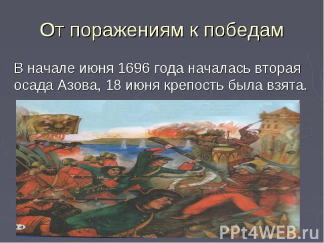 В начале июня 1696 года началась вторая осада Азова, 18 июня крепость была взята. В начале июня 1696 года началась вторая осада Азова, 18 июня крепость была взята.