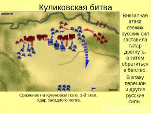 Куликовская битва Внезапная атака свежих русских сил заставила татар дрогнуть, а
