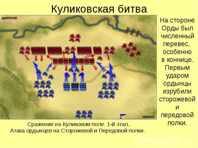 Куликовская битва На стороне Орды был численный перевес, особенно в коннице. Первым ударом ордынцы изрубили сторожевой и передовой полки.