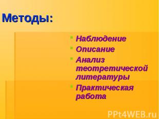 Наблюдение Наблюдение Описание Анализ теотретической литературы Практическая раб