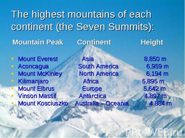Mountain Peak Continent Height Mountain Peak Continent Height Mount Everest Asia 8,850 m Aconcagua South America 6,959 m Mount McKinley North America 6,194 m Kilimanjaro Africa 5,895 m Mount Elbrus Europe 5,642 m Vinson Massif Antarctica 4,897 m Mou…