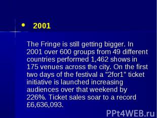 2001 2001 The Fringe is still getting bigger. In 2001 over 600 groups from 49 di