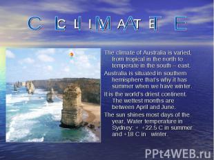 The climate of Australia is varied, from tropical in the north to temperate in t