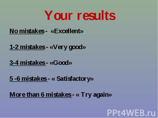 No mistakes - «Excellent» No mistakes - «Excellent» 1-2 mistakes - «Very good» 3-4 mistakes - «Good» 5 -6 mistakes - « Satisfactory» More than 6 mistakes - « Try again»