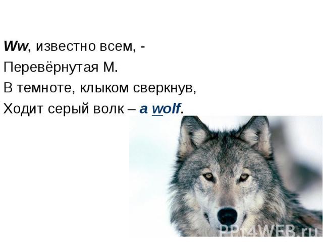 Ww, известно всем, - Перевёрнутая M. В темноте, клыком сверкнув, Ходит серый волк – a wolf.